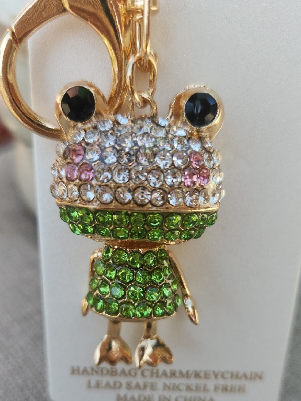 Natasha Gold Frog Keychain/Bag Charm w Green, White, Pink & Black Crystals NWT - Picture 4 of 7